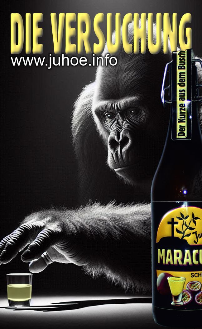 Ein Gorilla von oben beleuchte, vor einem dunklen Hintergrund, greift nach einem halbgefüllten Schnapsglas. Links im Vordergrund steht eine MARACUJA-SCHNABBES-Flasche.