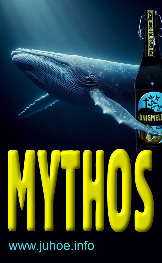 Ein Wal von oben beleuchtet, sodass er blau wirkt. An deiner linken Flosse sieht man eine Flasche HONIGMELONEN-Schnabbes. Die Flasche ist verhältnismäßig groß.