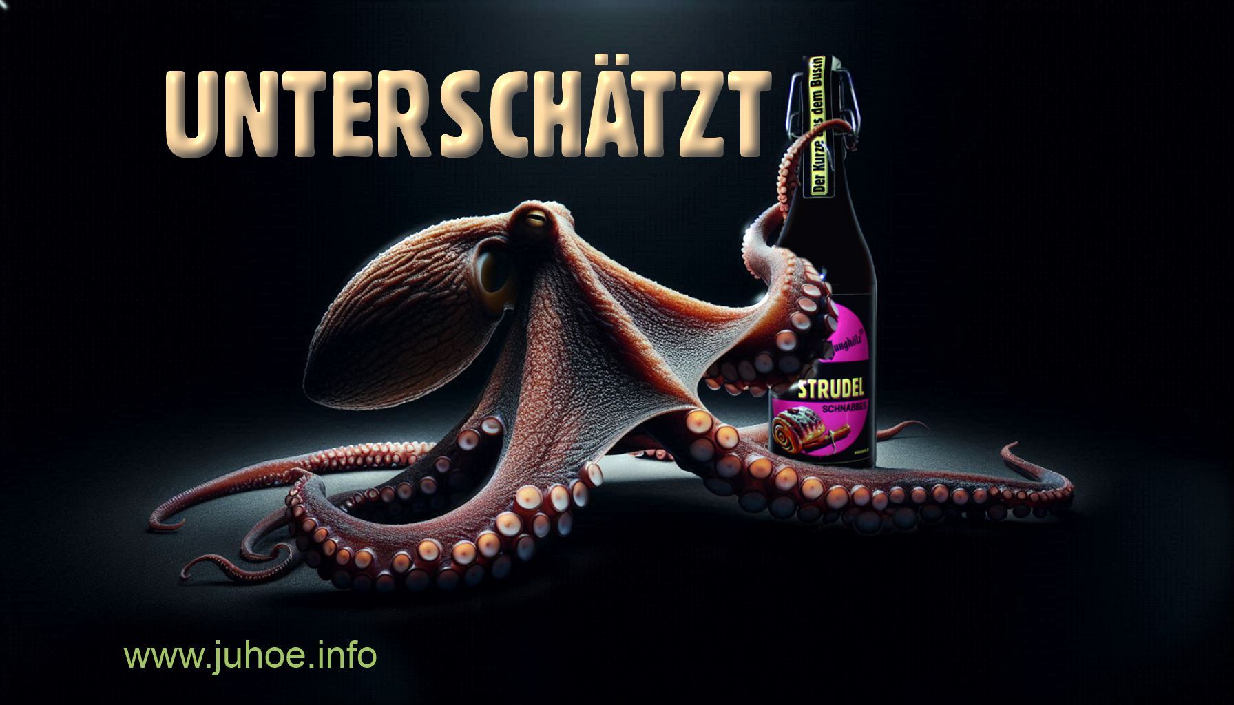 Eine Krake vor schwarzem Hintergrund, von oben beleuchtet. Sie umklammert eine Flasche ZIMTSTRUDEL-Schnabbes.